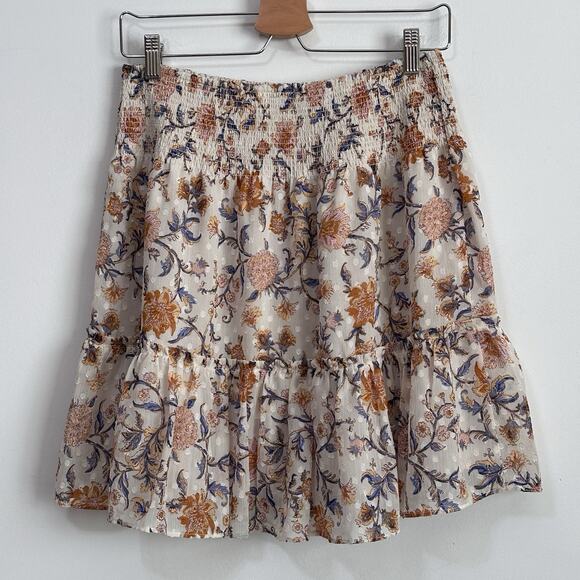 JOIE Skirt M Smocked Elastic Waist Tiered Floral Dot Lined Summer Spring Party‎ - Picture 8 of 10